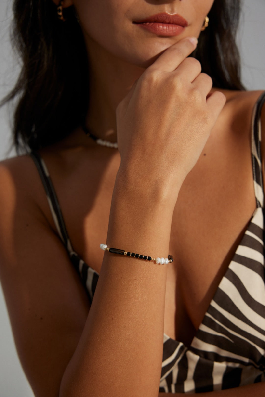 Black Agate Pearl Chain Bracelet