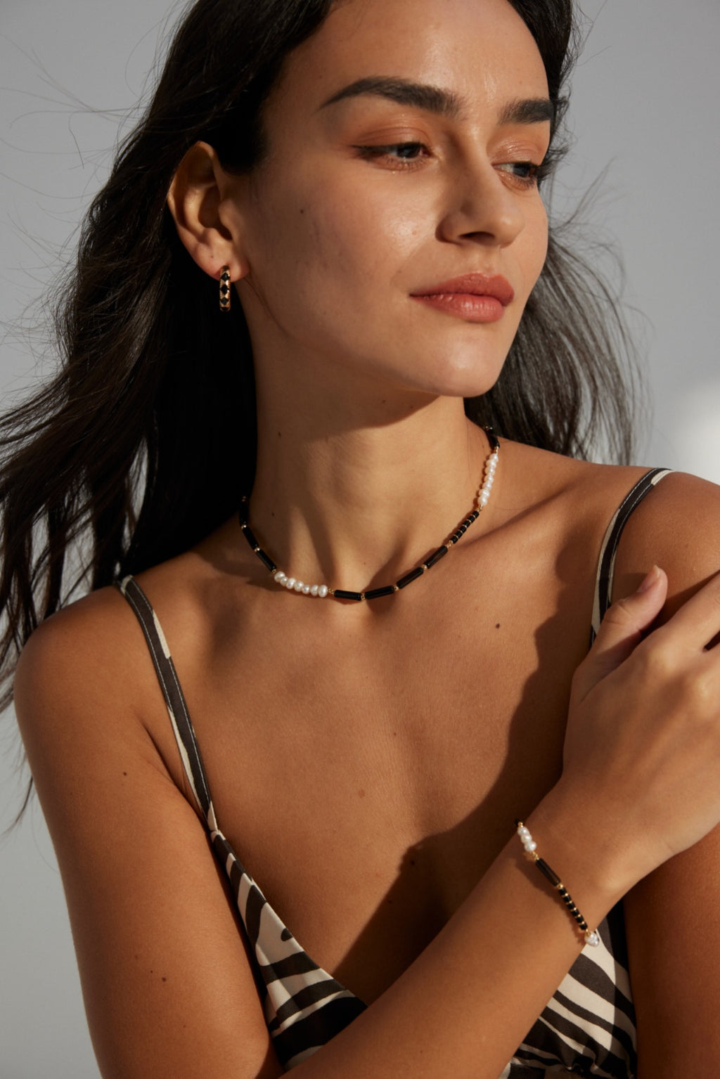 Black Agate Pearl Chain Bracelet