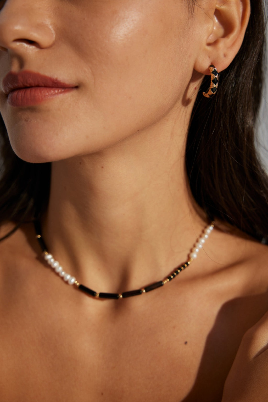 Black Agate Pearl Charm Necklace