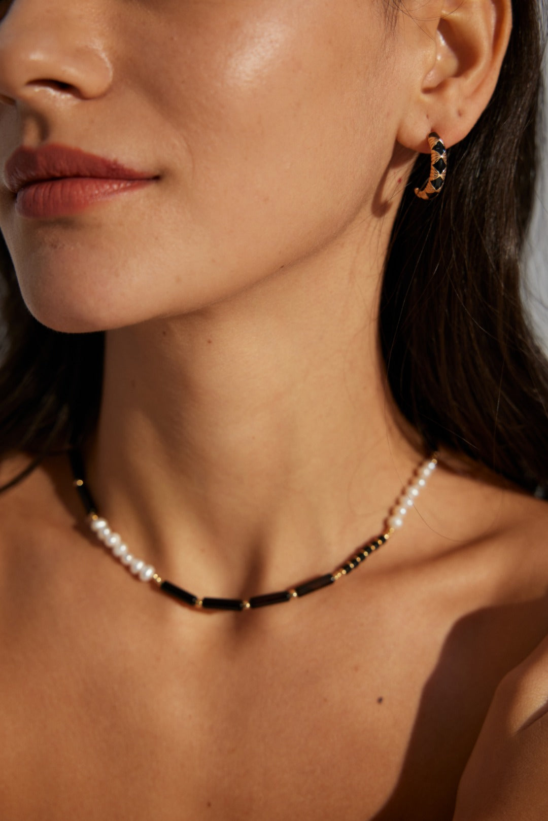 Black Agate Pearl Charm Necklace