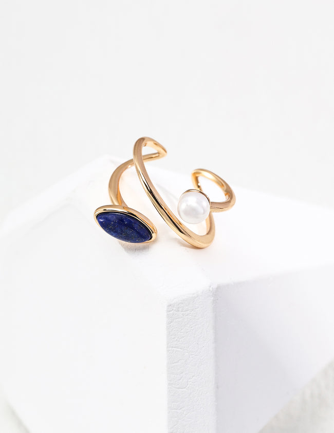 Pearl Lapis Sterling Silver Ring Minimalist Dainty Stackable Band Hover Image