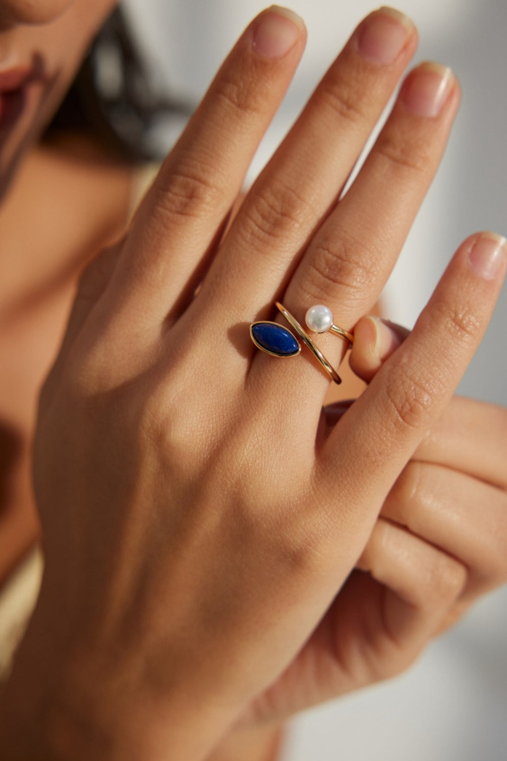 Pearl Lapis Sterling Silver Ring Minimalist Dainty Stackable Band