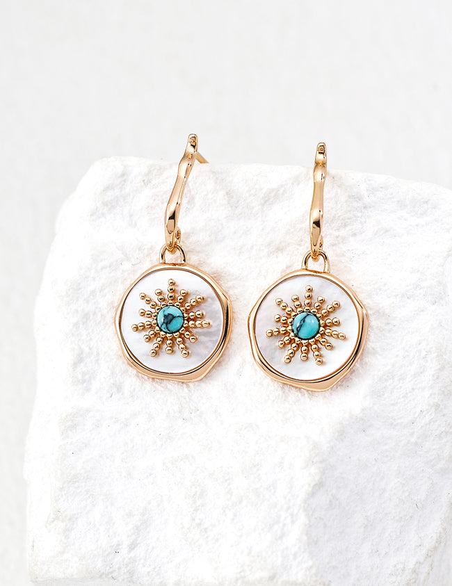 Turquoise Mother of Pearl Gold Hoop Earrings Hover Image