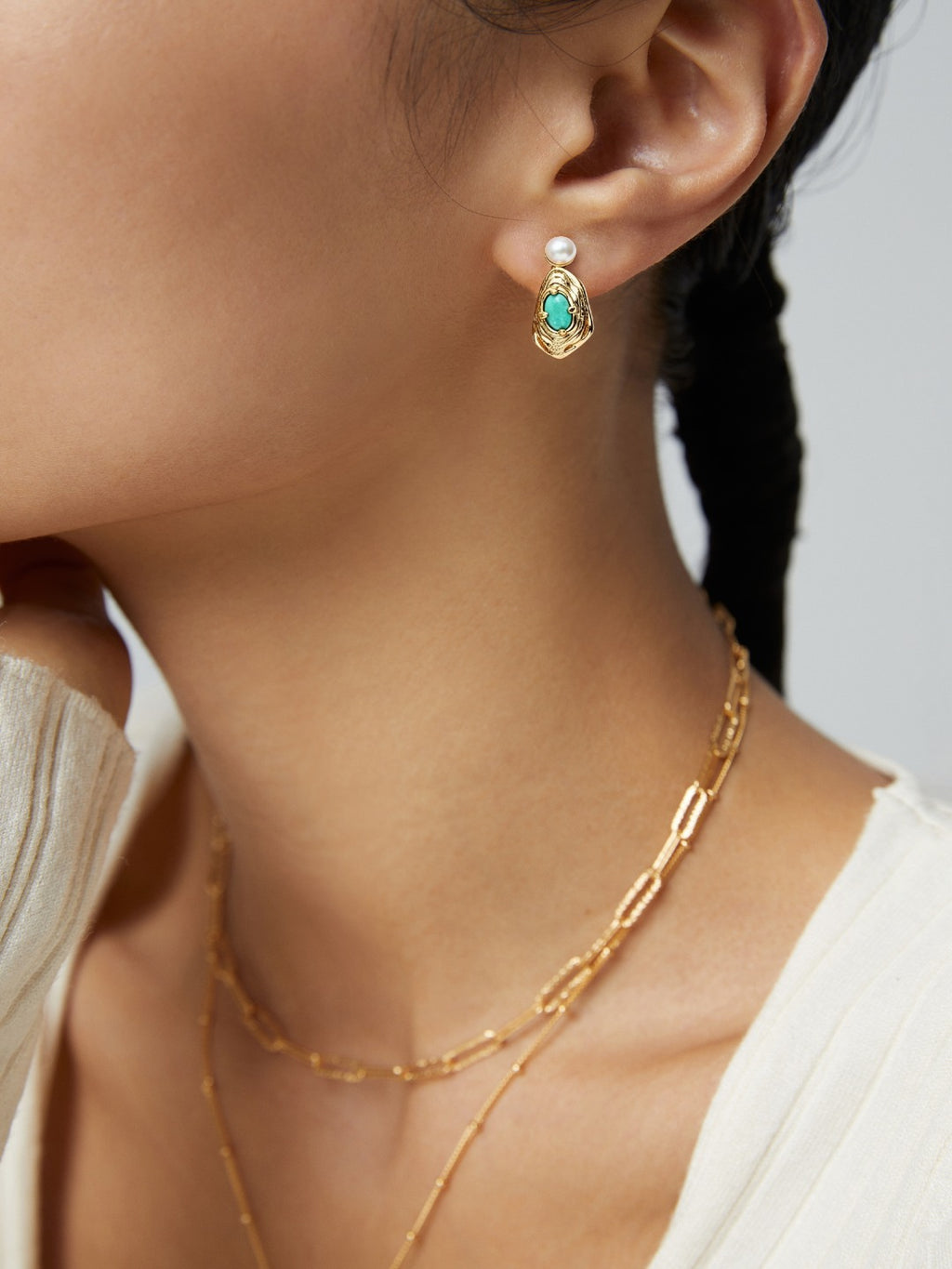 Natural Pearl Turquoise Gold Hoop Earrings