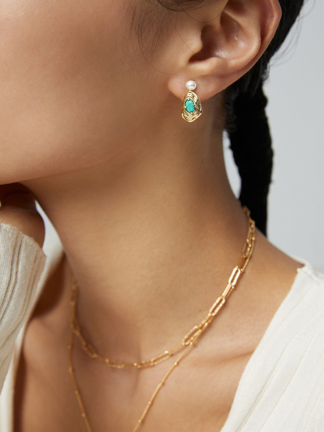 Natural Pearl Turquoise Gold Hoop Earrings