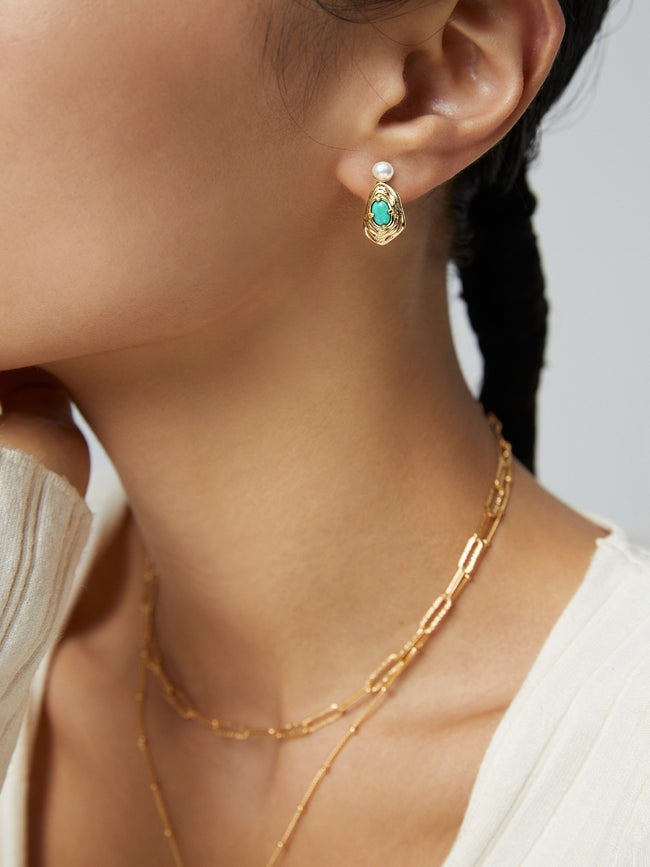 Natural Pearl Turquoise Gold Hoop Earrings Main Image