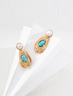 Natural Pearl Turquoise Gold Hoop Earrings