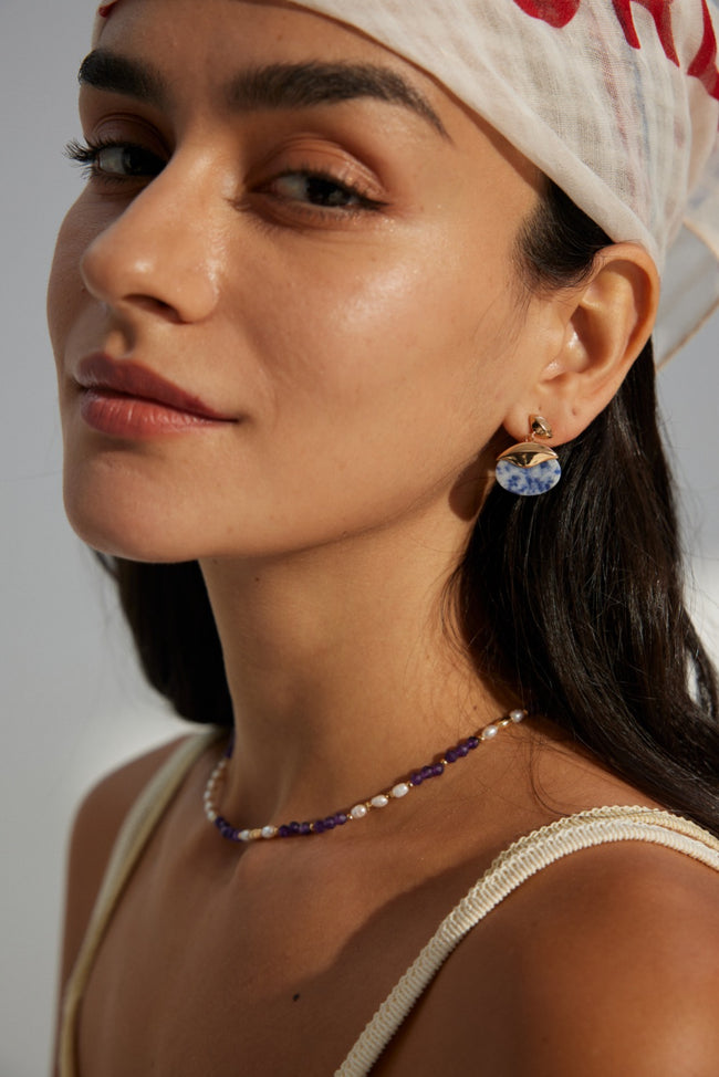 Blue Stone Gold Hoop Earrings Main Image
