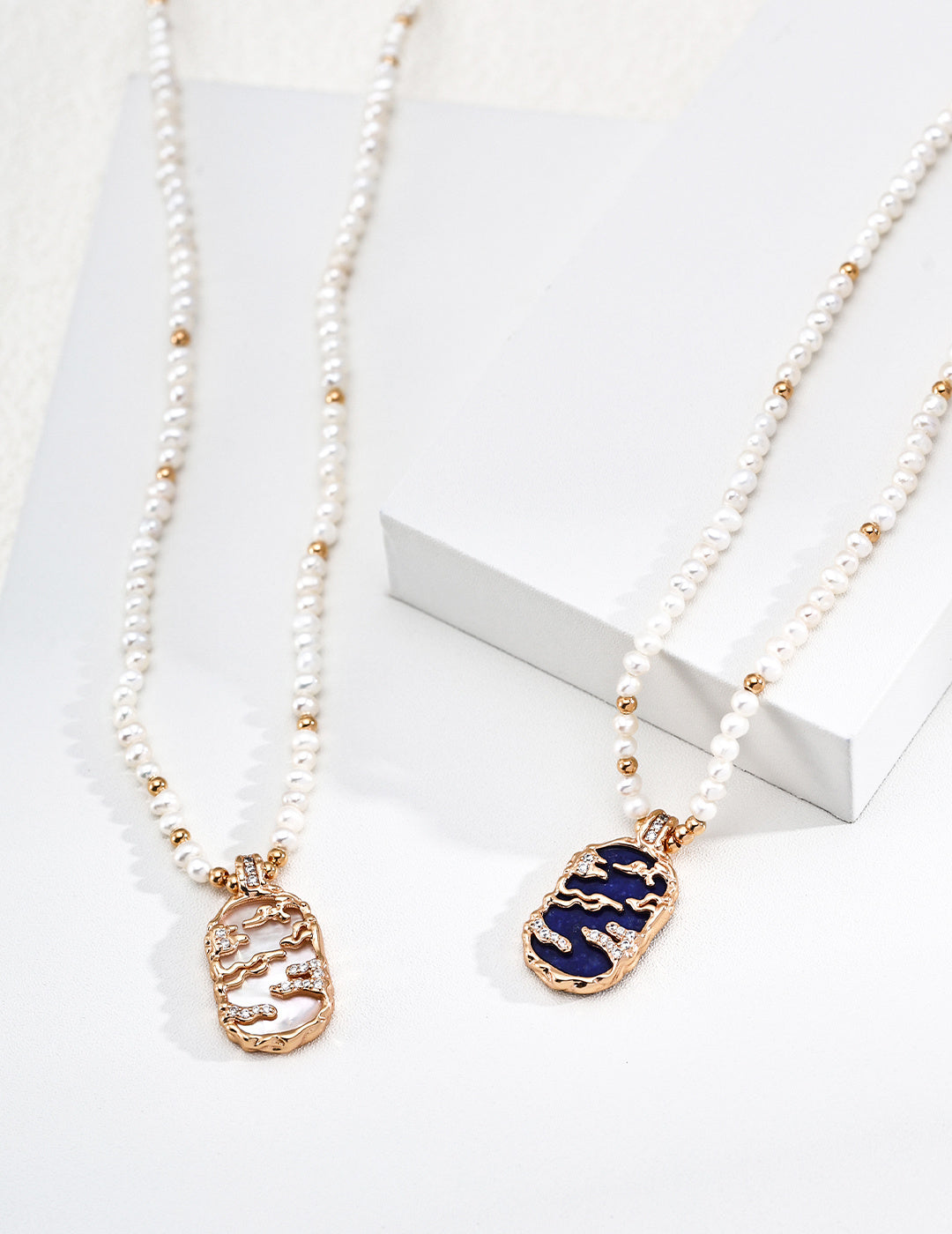 Mother of Pearl Lapis Lazuli Vintage Pearl Sterling silver Charm Necklace
