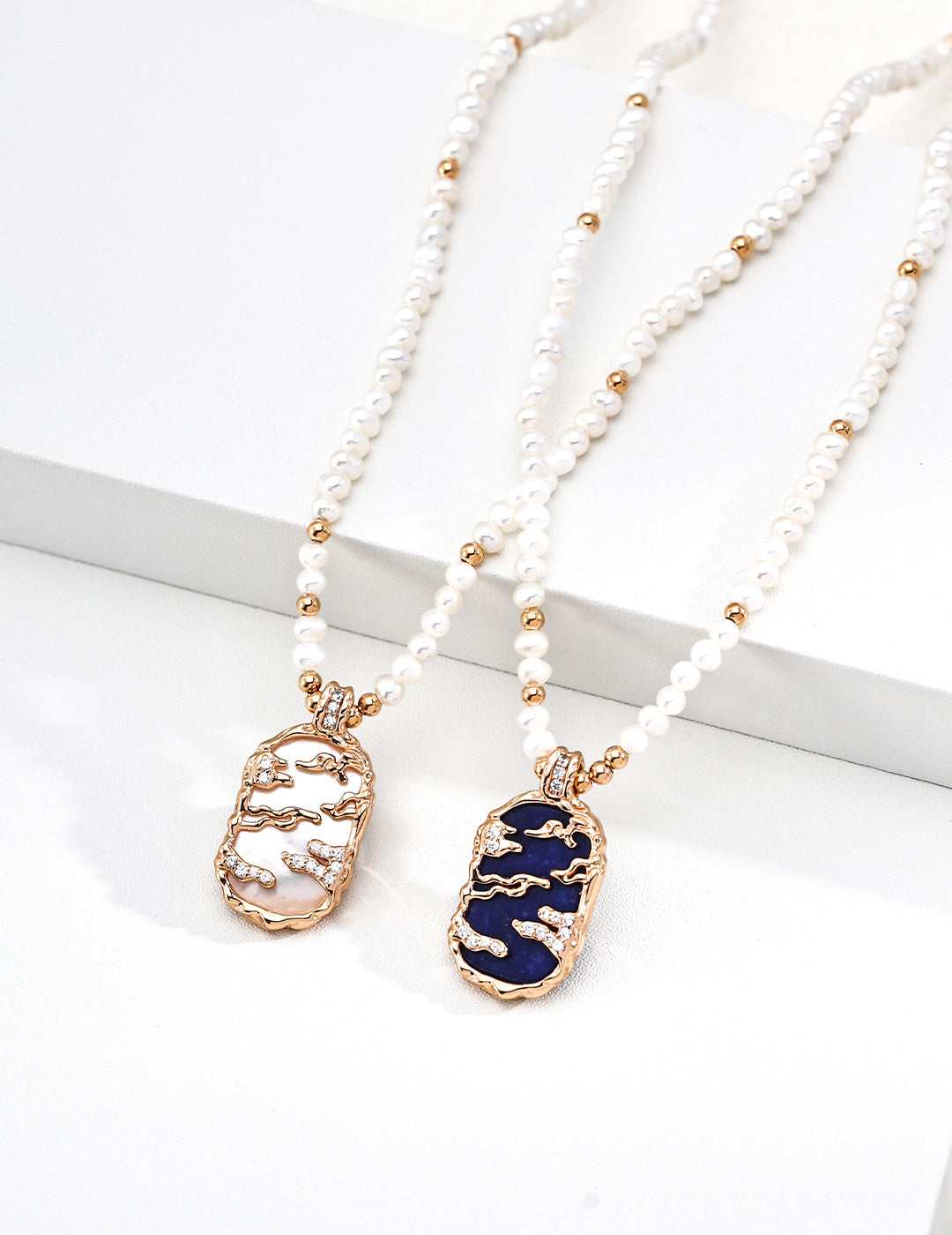 Mother of Pearl Lapis Lazuli Vintage Pearl Sterling silver Charm Necklace
